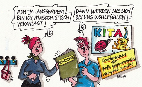 Cartoon: Erzieherinnenmangel (medium) by RABE tagged kita,erzieherinnen,erzieherinnenmangel,gruppenstärke,kitaplatz,kindergärtnerin,bildungspolitik,rabe,ralf,böhme,cartoon,karikatur,pressezeichnung,farbcartoon,tagescartoon,kinderkrippe,tagesmutter,erziehungsgeld,bewerbung,sadomaso,masochisten,schmerz,kita,erzieherinnen,erzieherinnenmangel,gruppenstärke,kitaplatz,kindergärtnerin,bildungspolitik,rabe,ralf,böhme,cartoon,karikatur,pressezeichnung,farbcartoon,tagescartoon,kinderkrippe,tagesmutter,erziehungsgeld,bewerbung,sadomaso,masochisten,schmerz,sex