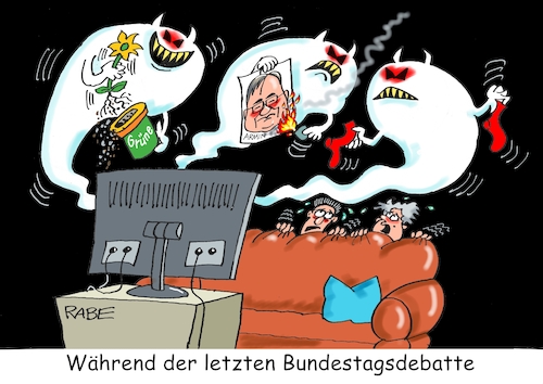 Cartoon: Es gehen Gespenster um (medium) by RABE tagged bundestagswahl,wahlkampf,osten,ddr,ostbeauftragter,bundesregierung,recht,rabe,ralf,böhme,cartoon,karikatur,pressezeichnung,farbcartoon,tagescartoon,laschet,söder,bundestagsdebatte,gespenster,geister,zuschauer,tv,couch,rote,socken,grüne,angst,panik,wahlveranstaltung,wahlkampfveranstaltung,bundestagswahl,wahlkampf,osten,ddr,ostbeauftragter,bundesregierung,recht,rabe,ralf,böhme,cartoon,karikatur,pressezeichnung,farbcartoon,tagescartoon,laschet,söder,bundestagsdebatte,gespenster,geister,zuschauer,tv,couch,rote,socken,grüne,angst,panik,wahlveranstaltung,wahlkampfveranstaltung