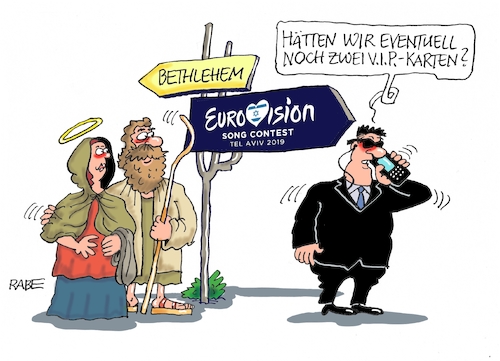 Cartoon: ESC Israel (medium) by RABE tagged esc,israel,tel,aviv,eurovision,song,contest,rabe,ralf,böhme,cartoon,karikatur,pressezeichnung,farbcartoon,tagescartoon,schlager,pop,madonna,endausscheid,maria,josef,bethlehem,gaza,wegweiser,bodyguard,vip,tickets,schlagerfestival,esc,israel,tel,aviv,eurovision,song,contest,rabe,ralf,böhme,cartoon,karikatur,pressezeichnung,farbcartoon,tagescartoon,schlager,pop,madonna,endausscheid,maria,josef,bethlehem,gaza,wegweiser,bodyguard,vip,tickets,schlagerfestival