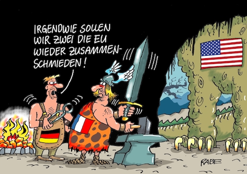 Cartoon: Europaschmiede (medium) by RABE tagged merkel,macron,deutschland,frankreich,brüssel,eu,euro,usa,handelsembargo,stahlzölle,schmiede,gemeinsamkeiten,rabe,ralf,böhme,cartoon,karikatur,pressezeichnung,farbcartoon,tagescartoon,karlspreis,aachen,europäer,drachen,drachenhöhle,siegfried,amboss,schwert,atomabkommen,merkel,macron,deutschland,frankreich,brüssel,eu,euro,usa,handelsembargo,stahlzölle,schmiede,gemeinsamkeiten,rabe,ralf,böhme,cartoon,karikatur,pressezeichnung,farbcartoon,tagescartoon,karlspreis,aachen,europäer,drachen,drachenhöhle,siegfried,amboss,schwert,atomabkommen