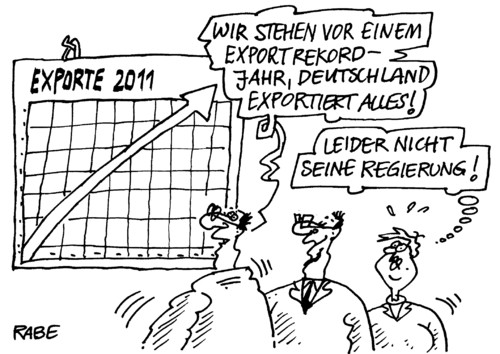 Cartoon: Exportschlager (medium) by RABE tagged bilanz,export,aussenhandel,diagramm,euro,wirtschaft,ausblick,gewinn,geschäftsleute,wirtschaftsweisen,wirtschaftsminister,regierung,exportweltmeister,eu,mann,frau,chef,chefetage,bilanz,export,aussenhandel,diagramm,wirtschaft,ausblick,gewinn,geschäftsleute,wirtschaftsweisen,wirtschaftsminister,regierung