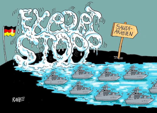 Cartoon: exportstopp (medium) by RABE tagged waffen,waffenlobby,rüüstungskonzerne,bundeswehr,verteidigung,verteidigungsministerin,bundesregierung,export,waffenexport,exportstopp,patrouillenboote,rabe,ralf,böhme,cartoon,karikatur,pressezeichnung,farbcartoon,tagescartoon,narieneboote,see,saudis,saudie,arabien,schnee,eis,schneeschmelze,meer,wasser,außenminister,waffen,waffenlobby,rüüstungskonzerne,bundeswehr,verteidigung,verteidigungsministerin,bundesregierung,export,waffenexport,exportstopp,patrouillenboote,rabe,ralf,böhme,cartoon,karikatur,pressezeichnung,farbcartoon,tagescartoon,narieneboote,see,saudis,saudie,arabien,schnee,eis,schneeschmelze,meer,wasser,außenminister