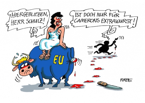 Cartoon: Extrawurst (medium) by RABE tagged extrawurst,david,cameron,martin,schulz,eu,brüssel,sanktionen,flüchtlinge,flüchtlingskrise,rabe,ralf,böhme,cartoon,karikatur,pressezeichnung,farbcartoon,tagescartoon,stier,europa,ochsenschwanz,blut,messer,kompromiss,zugeständnisse,englanf,großbritannien,extrawurst,david,cameron,martin,schulz,eu,brüssel,sanktionen,flüchtlinge,flüchtlingskrise,rabe,ralf,böhme,cartoon,karikatur,pressezeichnung,farbcartoon,tagescartoon,stier,europa,ochsenschwanz,blut,messer,kompromiss,zugeständnisse,englanf,großbritannien