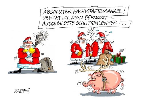 Cartoon: Fachkräftemangel (medium) by RABE tagged bürgergeld,blockade,cdu,csu,union,ampel,grüne,spd,fdp,bundesrat,anhörung,rabe,ralf,böhme,cartoon,karikatur,pressezeichnung,farbcartoon,tagescartoon,hähne,gockel,sieger,hahnenkämpfe,kompromisse,fachkräfte,fachkräftemangel,einbürgerungsgesetz,weihnachten,weihnachtsmann,weihnachtsmänner,rentier,schlitten,schwein,geweih,bürgergeld,blockade,cdu,csu,union,ampel,grüne,spd,fdp,bundesrat,anhörung,rabe,ralf,böhme,cartoon,karikatur,pressezeichnung,farbcartoon,tagescartoon,hähne,gockel,sieger,hahnenkämpfe,kompromisse,fachkräfte,fachkräftemangel,einbürgerungsgesetz,weihnachten,weihnachtsmann,weihnachtsmänner,rentier,schlitten,schwein,geweih