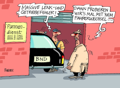 Cartoon: Fahrerwechsel (medium) by RABE tagged bnd,geheimdienste,spionage,fahrerwechsel,kahl,schindler,pannen,affären,pannendienst,rabe,ralf,böhme,cartoon,karikatur,pressezeichnung,farbcartoon,tagescartoon,autowerkstatt,mechaniker,getriebeschaden,lenkprobleme,bnd,geheimdienste,spionage,fahrerwechsel,kahl,schindler,pannen,affären,pannendienst,rabe,ralf,böhme,cartoon,karikatur,pressezeichnung,farbcartoon,tagescartoon,autowerkstatt,mechaniker,getriebeschaden,lenkprobleme