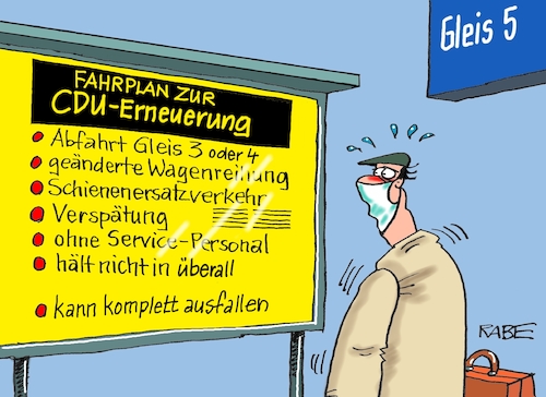 Cartoon: Fahrplanänderung (medium) by RABE tagged bundestagswahl,wahlkampf,osten,ddr,ostbeauftragter,bundesregierung,recht,rabe,ralf,böhme,cartoon,karikatur,pressezeichnung,farbcartoon,tagescartoon,cdu,wahlplakat,laschet,lacher,lachnummer,fahrplan,fahrstreche,reisende,schieneersatzverkehr,zugausfall,bahnsteig,erneurung,parteitag,spitze,parteispitze,personalwechsel,jamaika,jamaikakoalition,ampel,ampelkoalition,sondierungsgespräche,lindner,habeck,bundestagswahl,wahlkampf,osten,ddr,ostbeauftragter,bundesregierung,recht,rabe,ralf,böhme,cartoon,karikatur,pressezeichnung,farbcartoon,tagescartoon,cdu,wahlplakat,laschet,lacher,lachnummer,fahrplan,fahrstreche,reisende,schieneersatzverkehr,zugausfall,bahnsteig,erneurung,parteitag,spitze,parteispitze,personalwechsel,jamaika,jamaikakoalition,ampel,ampelkoalition,sondierungsgespräche,lindner,habeck