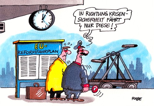 Cartoon: Fahrplanmässiges (medium) by RABE tagged fahrplan,eu,euro,krise,gipfel,krisengipfel,brüssel,eurozone,merkel,kanzlerin,staatschefs,regierungschefs,cdu,krisensicherheit,reform,reformpläne,rabe,ralf,böhme,cartoon,karikatur,gipfeltreffen,wettbewerb,wettbewerbsfähigkeit,staaten,europawahlen,griechenland,schuldenkrise,rettungsschirm,bahnhof,bahnsteig,schaffner,bahnsteigkante,kelle,draisine,fahrplan,eu,euro,krise,gipfel,krisengipfel,brüssel,eurozone,merkel,kanzlerin,staatschefs,regierungschefs,cdu,krisensicherheit,reform,reformpläne,rabe,ralf,böhme,cartoon,karikatur,gipfeltreffen,wettbewerb,wettbewerbsfähigkeit,staaten,europawahlen,griechenland,schuldenkrise,rettungsschirm,bahnhof,bahnsteig,schaffner,bahnsteigkante,kelle,draisine