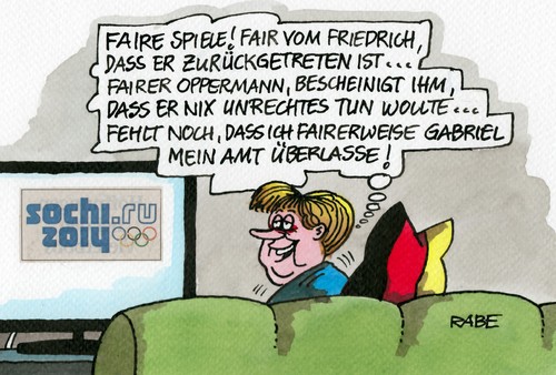 Cartoon: Faire Play (medium) by RABE tagged fair,play,fairness,merkel,kanzlerin,cdu,oppermann,gabriel,rücktritt,friedrich,csu,edathy,affäre,kinderpornos,pornos,kinder,kinderfotos,amt,posten,regierungskrise,koalition,koalitionskrise,rabe,ralf,böhme,cartoon,karikatur,pressezeichnung,farbcartoon,olympia,olympiade,sotschi,winterspiele,medaillen,putin,schnee,ski,bob,rodel,abfahrtslauf,biathlon,fair,play,fairness,merkel,kanzlerin,cdu,oppermann,gabriel,rücktritt,friedrich,csu,edathy,affäre,kinderpornos,pornos,kinder,kinderfotos,amt,posten,regierungskrise,koalition,koalitionskrise,rabe,ralf,böhme,cartoon,karikatur,pressezeichnung,farbcartoon,olympia,olympiade,sotschi,winterspiele,medaillen,putin,schnee,ski,bob,rodel,abfahrtslauf,biathlon