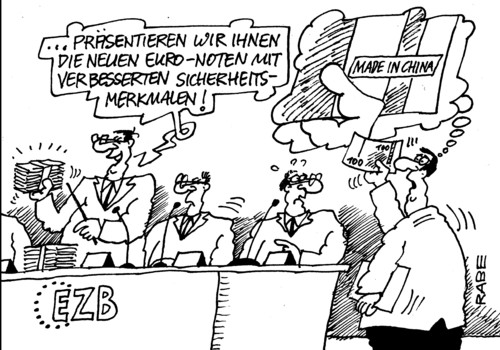 Cartoon: Falschgeld (medium) by RABE tagged sicherheitsmerkmale,ezb,krisenländer,euro,eurorettung,staatsanleihen,anleihen,südländer,draghi,schutzschild,eurozone,märkte,notenbanken,stützungskäufe,rettungsfond,esm,sicherheit,euroscheine,euronoten,rabe,ralf,böhme,cartoon,karikatur,banknoten,zentralbank,finanzchefs,china,peking,made,herstellung,wasserzeichen,metallfaden,falschgeld,falschmünzer,sicherheitsmerkmale,ezb,krisenländer,euro,eurorettung,staatsanleihen,anleihen,südländer,draghi,schutzschild,eurozone,märkte,notenbanken,stützungskäufe,rettungsfond,esm,sicherheit,euroscheine,euronoten,rabe,ralf,böhme,cartoon,karikatur,banknoten,zentralbank,finanzchefs,china,peking,made,herstellung,wasserzeichen,metallfaden,falschgeld,falschmünzer