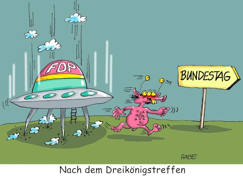 Cartoon: FDP Ufo (medium) by RABE tagged dreikönigstreffen,dreikönigstag,stuttgart,fdp,lindner,liberale,bundestagswahl,bundestag,wiederwahl,rabe,ralf,böhme,cartoon,karikatur,pressezeichnung,farbcartoon,tagescartoon,ufo,untertasse,außerirdische,kontaktaufnahme,dreikönigstreffen,dreikönigstag,stuttgart,fdp,lindner,liberale,bundestagswahl,bundestag,wiederwahl,rabe,ralf,böhme,cartoon,karikatur,pressezeichnung,farbcartoon,tagescartoon,ufo,untertasse,außerirdische,kontaktaufnahme