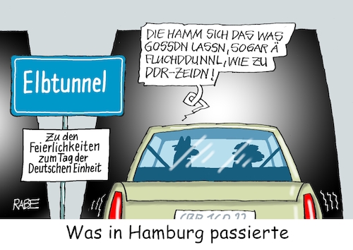 Cartoon: Feierlaune Sächsisch (medium) by RABE tagged einheit,einheitsfeier,feiertag,vereinigung,deutschlan,hamburg,rabe,ralf,böhme,carton,karikatur,pressezeichnung,farbcartoon,tagescartoon,festakt,elbtunnel,pkw,tunnel,fluchttunnel,ddr,einheit,einheitsfeier,feiertag,vereinigung,deutschlan,hamburg,rabe,ralf,böhme,carton,karikatur,pressezeichnung,farbcartoon,tagescartoon,festakt,elbtunnel,pkw,tunnel,fluchttunnel,ddr