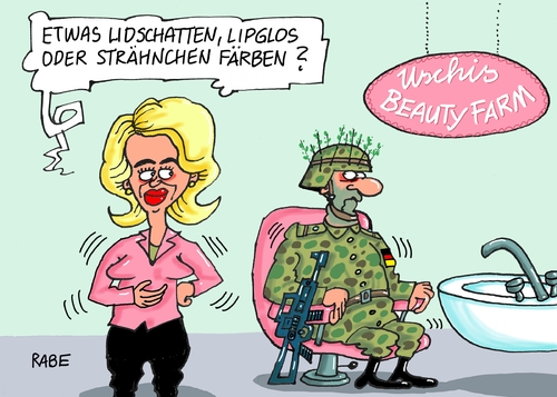 Cartoon: Fesche Bundeswehr (medium) by RABE tagged attraktiv,bundeswehr,bundesverteidigungsministerin,uschi,ursula,von,der,leyen,cdu,verteidigung,soldaten,schönheitssalon,bezahlung,arbeitszeit,kita,kampfeinsatz,rabe,ralf,böhme,cartoon,karikatur,pressezeichnung,farbcartoon,tagescartoon,beautyfarm,salon,kosmetik,strähnchen,färben,lipglos,lidschatten,attraktiv,bundeswehr,bundesverteidigungsministerin,uschi,ursula,von,der,leyen,cdu,verteidigung,soldaten,schönheitssalon,bezahlung,arbeitszeit,kita,kampfeinsatz,rabe,ralf,böhme,cartoon,karikatur,pressezeichnung,farbcartoon,tagescartoon,beautyfarm,salon,kosmetik,strähnchen,färben,lipglos,lidschatten