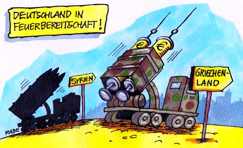 Cartoon: Feuerbereit (medium) by RABE tagged patriot,patriotabwehrraketen,raketenstationierung,türkei,syrien,nato,deutschland,luftabwehr,bundeswehr,soldaten,frieden,luftabwehrraketen,rabe,ralf,böhme,cartoon,karikatur,merkel,cdu,bundesregierung,griechenland,griechenlandkurs,euro,eurokrise,hilfspaket,finanzchefs,schäuble,brüssel,bundeswehreinsatz,grenze,verteidigungsminister,krieg,raketenabwehrstaffel,natopartner,schuldenschnitt,banken,rettungsschirm,iwf,defensive,ankara,spritzen,finanzsprizte,feuerbereitschaft,patriot,patriotabwehrraketen,raketenstationierung,türkei,syrien,nato,deutschland,luftabwehr,bundeswehr,soldaten,frieden,luftabwehrraketen,rabe,ralf,böhme,cartoon,karikatur,merkel,cdu,bundesregierung,griechenland,griechenlandkurs,euro,eurokrise,hilfspaket,finanzchefs,schäuble,brüssel,bundeswehreinsatz,grenze,verteidigungsminister,krieg,raketenabwehrstaffel,natopartner,schuldenschnitt,banken,rettungsschirm,iwf,defensive,ankara,spritzen,finanzsprizte,feuerbereitschaft