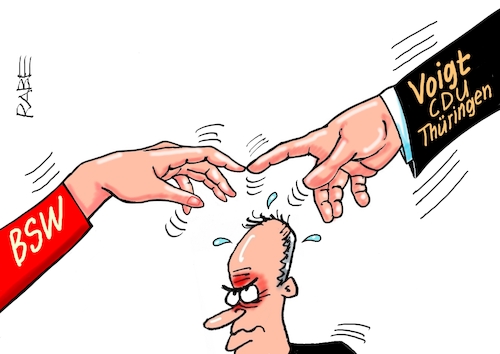 Cartoon: Fingerspitzengefühl (medium) by RABE tagged landtagswahl,thüringen,septemper,cdu,afd,mario,voigt,bernd,höcke,tv,duell,fernsehduell,rabe,ralf,böhme,cartoon,karikatur,pressezeichnung,farbcartoon,tagescartoon,sahra,wagenknecht,bsw,merz,fingerspitzen,deckengemälde,michelangelo,bündnis,koalitionspartner,landtagswahl,thüringen,septemper,cdu,afd,mario,voigt,bernd,höcke,tv,duell,fernsehduell,rabe,ralf,böhme,cartoon,karikatur,pressezeichnung,farbcartoon,tagescartoon,sahra,wagenknecht,bsw,merz,fingerspitzen,deckengemälde,michelangelo,bündnis,koalitionspartner