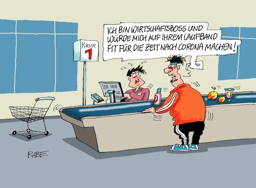 Cartoon: Fitmacher (medium) by RABE tagged virus,corona,pandemie,coronakrise,rabe,ralf,böhme,cartoon,karikatur,pressezeichnung,farbcartoon,tagescartoon,viren,virenschutz,mundschutz,desinfektion,föderal,föderalismus,ländersache,abstand,kontakteinschränkungen,wirtschaftsboss,fit,fitness,laufband,supermarkt,kasse,kassiererin,virus,corona,pandemie,coronakrise,rabe,ralf,böhme,cartoon,karikatur,pressezeichnung,farbcartoon,tagescartoon,viren,virenschutz,mundschutz,desinfektion,föderal,föderalismus,ländersache,abstand,kontakteinschränkungen,wirtschaftsboss,fit,fitness,laufband,supermarkt,kasse,kassiererin