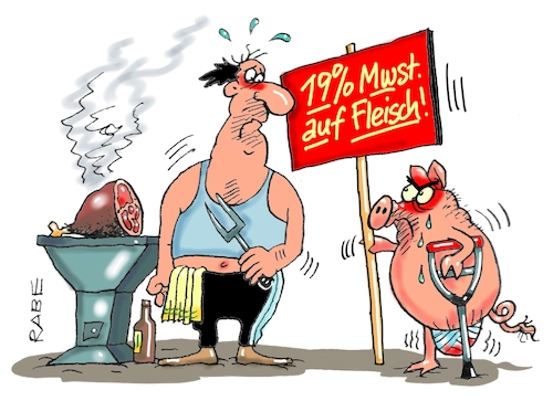 Cartoon: Fleischkonsum (medium) by RABE tagged klimawandel,umwelt,umweltministerin,schulze,sp,klimapreis,heizung,auto,rabe,ralf,böhme,cartoon,karikatur,pressezeichnung,farbcartoon,tagescartoon,brücke,bettler,verkehr,klimaprämie,friday,for,future,fleisch,mehrwertsteuererhöhung,fleischkonsum,agrarwirtschaft,viehzüchter,fiskus,grill,steaks,schwein,krücke,schinken,steueranhebung,landwirte,tierwohl,fleischsteuer,klimawandel,umwelt,umweltministerin,schulze,sp,klimapreis,heizung,auto,rabe,ralf,böhme,cartoon,karikatur,pressezeichnung,farbcartoon,tagescartoon,brücke,bettler,verkehr,klimaprämie,friday,for,future,fleisch,mehrwertsteuererhöhung,fleischkonsum,agrarwirtschaft,viehzüchter,fiskus,grill,steaks,schwein,krücke,schinken,steueranhebung,landwirte,tierwohl,fleischsteuer