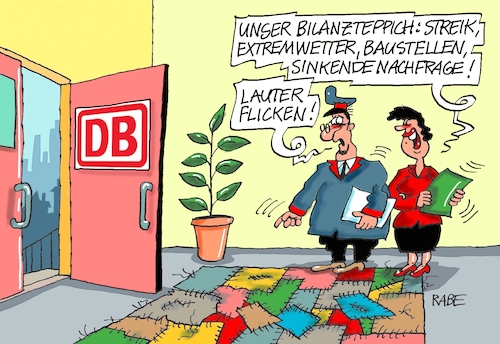 Cartoon: Flickenteppich (medium) by RABE tagged db,bahn,bilanz,bahnbilanz,verspätung,zug,zugausfälle,schaffner,rabe,ralf,böhme,cartoon,karikatur,pressezeichnung,farbcartoon,tagescartoon,extremwetter,baustellen,verlust,nachfrage,stellenstreichung,verkehr,db,bahn,bilanz,bahnbilanz,verspätung,zug,zugausfälle,schaffner,rabe,ralf,böhme,cartoon,karikatur,pressezeichnung,farbcartoon,tagescartoon,extremwetter,baustellen,verlust,nachfrage,stellenstreichung,verkehr