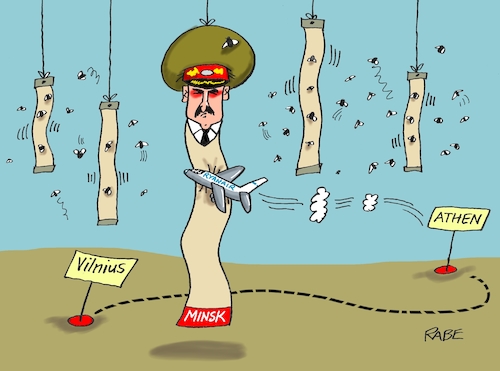 Cartoon: Fliegenfänger (medium) by RABE tagged lukaschenko,minsk,belarus,notlandung,entführung,oppositionelle,rabe,ralf,böhme,cartoon,karikatur,pressezeichnung,fliegen,fliegenfänger,leim,flugzeug,ryanair,diktator,vilnius,lukaschenko,minsk,belarus,notlandung,entführung,oppositionelle,rabe,ralf,böhme,cartoon,karikatur,pressezeichnung,fliegen,fliegenfänger,leim,flugzeug,ryanair,diktator,vilnius