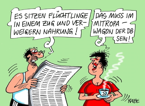 Cartoon: Flüchtlingsdrama (medium) by RABE tagged flüchtlingsdrama,mittelmeer,flüchtlinge,bootpeople,schlepper,schleuser,rabe,ralf,böhme,cartoon,karikatur,pressezeichnung,farbcartoon,tagescartoon,eu,europa,flüchtlingspolitik,ungarn,zug,bahn,db,bahnwagon,mitropa,nahrungsverweigerung,merkel,lösungswege,urban,essen,trinken,flüchtlingsdrama,mittelmeer,flüchtlinge,bootpeople,schlepper,schleuser,rabe,ralf,böhme,cartoon,karikatur,pressezeichnung,farbcartoon,tagescartoon,eu,europa,flüchtlingspolitik,ungarn,zug,bahn,db,bahnwagon,mitropa,nahrungsverweigerung,merkel,lösungswege,urban,essen,trinken