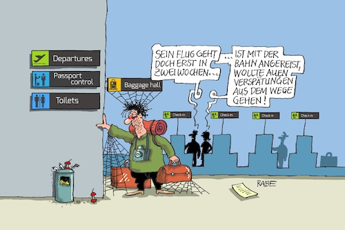 Cartoon: Flughafen (medium) by RABE tagged db,dgl,tarif,tarifstreit,tarifverhandlungen,weselsky,bahnchefs,lohnforderungen,streik,rabe,ralf,böhme,cartoon,karikatur,pressezeichnung,fabcartoon,tagescartoon,verspätung,urlaubsreisen,abflug,flugzeug,flughafen,bahnfahrt,bahnreisende,fahrplan,airport,verbraucher,landebahn,gepäck,db,dgl,tarif,tarifstreit,tarifverhandlungen,weselsky,bahnchefs,lohnforderungen,streik,rabe,ralf,böhme,cartoon,karikatur,pressezeichnung,fabcartoon,tagescartoon,verspätung,urlaubsreisen,abflug,flugzeug,flughafen,bahnfahrt,bahnreisende,fahrplan,airport,verbraucher,landebahn,gepäck