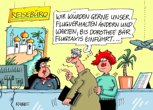 Cartoon: Flugverhalten (medium) by RABE tagged klimawandel,umwelt,umweltministerin,schulze,sp,klimapreis,heizung,auto,rabe,ralf,böhme,cartoon,karikatur,pressezeichnung,farbcartoon,tagescartoon,brücke,bettler,verkehr,klimaprämie,friday,for,future,flieger,flugverhalten,vielflieger,umweltbelastung,reisebüro,buchung,ministerin,für,infrastruktur,csu,dorothee,bär,flugtaxis,klimawandel,umwelt,umweltministerin,schulze,sp,klimapreis,heizung,auto,rabe,ralf,böhme,cartoon,karikatur,pressezeichnung,farbcartoon,tagescartoon,brücke,bettler,verkehr,klimaprämie,friday,for,future,flieger,flugverhalten,vielflieger,umweltbelastung,reisebüro,buchung,ministerin,für,infrastruktur,csu,dorothee,bär,flugtaxis