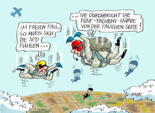 Cartoon: Freier Fall kontinuierlich (medium) by RABE tagged spd,nahles,umfragewerte,afd,wählergunst,prozent,rabe,ralf,böhme,cartoon,karikatur,pressezeichnung,farbcartoon,tagescartoon,baum,raben,tante,scholz,groko,koalitionsstreit,asylstreit,asylkompromiss,bayern,bayernwahl,wahlergebnis,wahlschlappe,freie,fall,landtagswahl,hessen,tiefpunkt,hürde,fünf,fallschirm,fallschirmspringer,spd,nahles,umfragewerte,afd,wählergunst,prozent,rabe,ralf,böhme,cartoon,karikatur,pressezeichnung,farbcartoon,tagescartoon,baum,raben,tante,scholz,groko,koalitionsstreit,asylstreit,asylkompromiss,bayern,bayernwahl,wahlergebnis,wahlschlappe,freie,fall,landtagswahl,hessen,tiefpunkt,hürde,fünf,fallschirm,fallschirmspringer