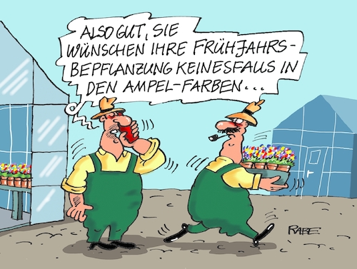 Cartoon: Frühjahrsbepflanzung (medium) by RABE tagged ampel,ampelregierung,rot,grün,gelb,fdp,spd,grüne,rabe,ralf,böhme,cartoon,karikatur,pressezeichnung,farbcartoon,tagescartoon,gärtnerei,gärtner,gewächshaus,stiefmüterchen,frühjahr,frühjahrsbepflanzung,ampel,ampelregierung,rot,grün,gelb,fdp,spd,grüne,rabe,ralf,böhme,cartoon,karikatur,pressezeichnung,farbcartoon,tagescartoon,gärtnerei,gärtner,gewächshaus,stiefmüterchen,frühjahr,frühjahrsbepflanzung