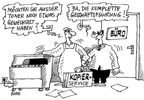 Cartoon: Führungswechsel (medium) by RABE tagged büro,geschäftsleitung,geschäftsführung,chefetage,chef,kopierservice,büroservice,kopierer,kopiertechnik,bürotechnik,fax,scanner,computer,rechner,kopierpapier,service,dienstleistung,toner,kartusche,wechsel,mitarbeiter,angestellte,drucker,druckerpatrone,canon,sharp,samsung,büro,geschäftsleitung,geschäftsführung,chefetage,chef,kopierservice,büroservice,kopierer,kopiertechnik