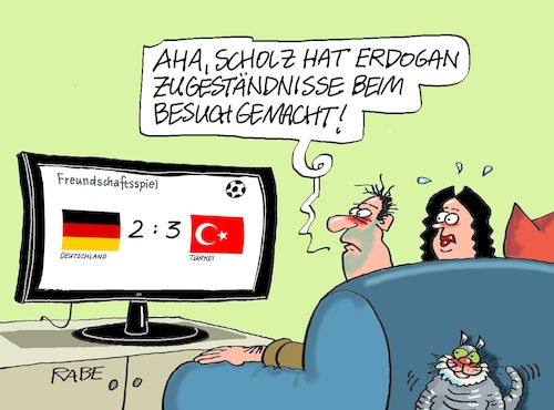 Cartoon: Fussball Türkei Deztschland (medium) by RABE tagged fussball,wm,klimafreundlich,klimaneutral,kontinente,ball,fußball,spieler,druck,fifa,katar,winter,weltmeisterschaft,winterweltmeisterschaft,scholz,erdogan,staatsbesuch,freitag,zugeständnisse,sport,freundschaftsspiel,niederlage,sieg,mannschaft,nagelsmann,em,pleite,tore,fussball,wm,klimafreundlich,klimaneutral,kontinente,ball,fußball,spieler,druck,fifa,katar,winter,weltmeisterschaft,winterweltmeisterschaft,scholz,erdogan,staatsbesuch,freitag,zugeständnisse,sport,freundschaftsspiel,niederlage,sieg,mannschaft,nagelsmann,em,pleite,tore