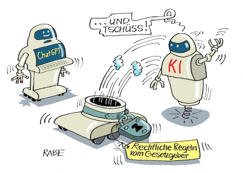 Cartoon: Fussfessel (medium) by RABE tagged chatgpt,intelligenz,roboter,ki,volker,wissing,fdp,rabe,ralf,böhme,cartoon,karikatur,pressezeichnung,farbcartoon,tagescartoon,habeck,jena,digitalgipfel,eu,verordnung,europa,ebene,gesetzgeber,regeln,sicherheit,netz,internet,rechner,fussfessel,kontrolle,chatgpt,intelligenz,roboter,ki,volker,wissing,fdp,rabe,ralf,böhme,cartoon,karikatur,pressezeichnung,farbcartoon,tagescartoon,habeck,jena,digitalgipfel,eu,verordnung,europa,ebene,gesetzgeber,regeln,sicherheit,netz,internet,rechner,fussfessel,kontrolle