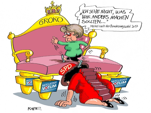 Cartoon: Game Of Thron (medium) by RABE tagged sonderparteitag,spd,martin,schulz,ja,groko,koalitionsverhandlungen,rabe,ralf,böhme,cartoon,karikatur,pressezeichnung,farbcartoon,tagescartoon,merkel,union,koalitionsgespräche,thron,tante,nahles,aufstieg,mitglieder,votum,abstimmung,stufe,steigbügelhalter,sonderparteitag,spd,martin,schulz,ja,groko,koalitionsverhandlungen,rabe,ralf,böhme,cartoon,karikatur,pressezeichnung,farbcartoon,tagescartoon,merkel,union,koalitionsgespräche,thron,tante,nahles,aufstieg,mitglieder,votum,abstimmung,stufe,steigbügelhalter