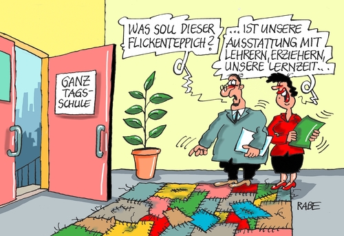 Cartoon: Ganztagsschulen (medium) by RABE tagged schule,bildung,ganztagsschulen,unterricht,schüler,lehrer,erzieher,fachkräfte,stundenplan,rabe,ralf,böhme,cartoon,karikatur,pressezeichnung,farbcartoon,tagescartoon,gummibaum,teppich,flickenteppich,bildungsministerium,lernzeit,ausstattung,bundesländer,bildungsmisere,schule,bildung,ganztagsschulen,unterricht,schüler,lehrer,erzieher,fachkräfte,stundenplan,rabe,ralf,böhme,cartoon,karikatur,pressezeichnung,farbcartoon,tagescartoon,gummibaum,teppich,flickenteppich,bildungsministerium,lernzeit,ausstattung,bundesländer,bildungsmisere