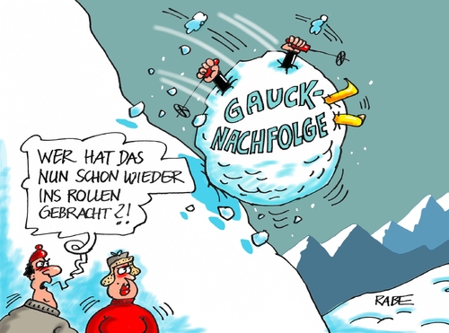 Cartoon: Gaucknachfolge (medium) by RABE tagged gauck,bundespräsident,bundespräsidentenamt,bundespräsidentenwahl,nachfolger,vorschläge,steinmeier,schulz,gabriel,rabe,ralf,böhme,cartoon,karikatur,pressezeichnung,farbcartoon,tagescartoon,schnee,winter,lawine,lawinengefahr,kugel,schneeball,gaucknachfolger,gauck,bundespräsident,bundespräsidentenamt,bundespräsidentenwahl,nachfolger,vorschläge,steinmeier,schulz,gabriel,rabe,ralf,böhme,cartoon,karikatur,pressezeichnung,farbcartoon,tagescartoon,schnee,winter,lawine,lawinengefahr,kugel,schneeball,gaucknachfolger