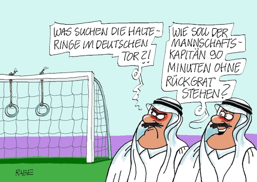 Cartoon: Gegen Haltungsschaden (medium) by RABE tagged katar,fußball,fußballweltmeisterschaft,wm,menschenrechte,fifa,sanktionen,armbinde,infantino,weltverband,rabe,ralf,böhme,cartoon,karikatur,pressezeichnung,farbcartoon,tagescartoon,scheichs,spielfeld,tor,kapitän,rückgrat,katar,fußball,fußballweltmeisterschaft,wm,menschenrechte,fifa,sanktionen,armbinde,infantino,weltverband,rabe,ralf,böhme,cartoon,karikatur,pressezeichnung,farbcartoon,tagescartoon,scheichs,spielfeld,tor,kapitän,rückgrat