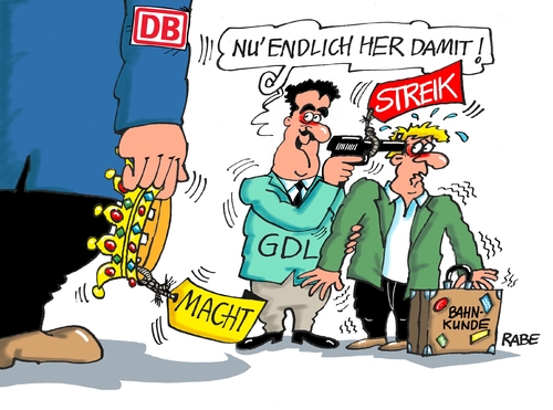 Cartoon: Geiselnahme (medium) by RABE tagged streik,bahnstreik,gewerkschaften,lokfüher,bahn,ag,gdl,evg,verhandlungen,frankfurt,ralf,böhme,cartoon,karikatur,pressezeichnung,farbcartoon,tagescartoon,bahnhof,reisende,weselsky,geisel,geiselnahme,bahnreisende,megastreik,streikbrecher,streik,bahnstreik,gewerkschaften,lokfüher,bahn,ag,gdl,evg,verhandlungen,frankfurt,ralf,böhme,cartoon,karikatur,pressezeichnung,farbcartoon,tagescartoon,bahnhof,reisende,weselsky,geisel,geiselnahme,bahnreisende,megastreik,streikbrecher