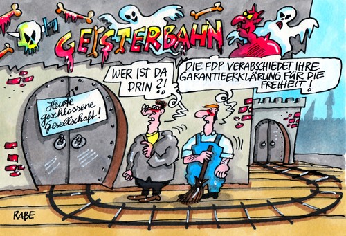 Cartoon: Geisterbahnfahrt (medium) by RABE tagged geisterbahn,fdp,liberale,bundesparteitag,delegierte,koalition,koalitionspartenr,schwarzgeld,schwarzgelb,bundesregierung,rösler,brüderle,westerwelle,bahr,karlsruhe,mittelstand,frakt,ionschef,krise,nrw,parteispitze,parteiführung,neubeginn,neustart,geschlossenheitgarantie,garantieerklärung,freiheit,geschlossen,gesellschaft,gespenst,knochen,blut,horror,geisterbahn,fdp,liberale,bundesparteitag,delegierte,koalition,koalitionspartenr,schwarzgeld,schwarzgelb,bundesregierung,rösler,brüderle,westerwelle,bahr,karlsruhe,mittelstand,frakt,ionschef,krise,nrw,parteispitze,parteiführung,neubeginn,neustart,geschlossenheitgarantie,garantieerklärung,freiheit,geschlossen,gesellschaft,gespenst,knochen,blut,horror