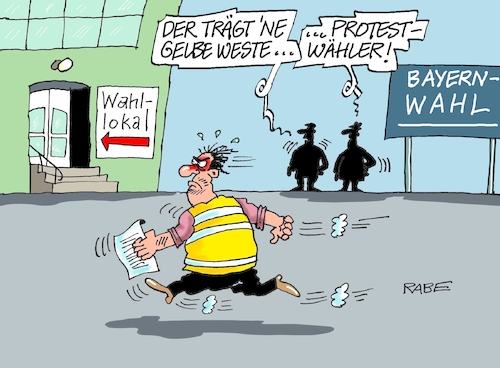 Cartoon: Gelbweste Bayern (medium) by RABE tagged bayern,söder,ministerpräsident,csu,münchen,landtagswahl,rabe,ralf,böhme,cartoon,karikatur,pressezeichnung,farbcartoon,tagescartoon,kanzler,kanzlerkandidat,kanzlerkandidatur,kanzleramt,verzicht,absage,bayernwahl,aiwanger,wahllokal,gelbweste,protestwähler,bayern,söder,ministerpräsident,csu,münchen,landtagswahl,rabe,ralf,böhme,cartoon,karikatur,pressezeichnung,farbcartoon,tagescartoon,kanzler,kanzlerkandidat,kanzlerkandidatur,kanzleramt,verzicht,absage,bayernwahl,aiwanger,wahllokal,gelbweste,protestwähler