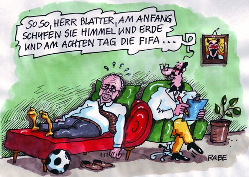 Cartoon: GeSblattertertes (medium) by RABE tagged weltfußballorganisation,blatter,fifa,chef,widerwahl,schweiz,korruption,korruptionsvorwürfe,euro,fußball,wm,fußballweltmeisterschaft,veranstaltungsort,stadion,austragungsort,fernsehrechte,fußballspiel,tabelle,mannschaft,skandal,beckenbauer,zwanziger,josef,wahlergebnis,sport,gott,herrgott,bibel,adam,eva,himmel,erde,erschaffung,psychiater,nervenarzt,psychologe,sitzung,liege,behandlung,sprechzimmer,patient,blatter,weltfußballorganisation,fifa,chef,korruptionsvorwürfe,korruption,fußball