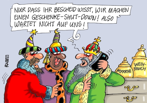 Cartoon: Geschenke Shut Down (medium) by RABE tagged trump,präsident,weisses,haus,washington,toilette,klo,klodeckel,sanierung,erneuerung,oval,office,rabe,ralf,böhme,cartoon,karikatur,pressezeichnung,farbcartoon,tagescartoon,mauer,mexiko,haushalt,shut,down,geschenke,migranten,heilige,drei,könige,weihrauch,jesuskind,myrrhe,krippe,stern,gold,weihnachten,weihnachtsabend,bescherung,trump,präsident,weisses,haus,washington,toilette,klo,klodeckel,sanierung,erneuerung,oval,office,rabe,ralf,böhme,cartoon,karikatur,pressezeichnung,farbcartoon,tagescartoon,mauer,mexiko,haushalt,shut,down,geschenke,migranten,heilige,drei,könige,weihrauch,jesuskind,myrrhe,krippe,stern,gold,weihnachten,weihnachtsabend,bescherung