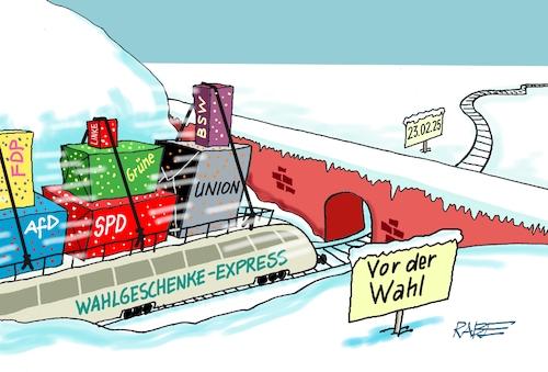 Cartoon: Geschenkeexpress (medium) by RABE tagged ampel,ampelregierung,rot,grün,gelb,fdp,spd,grüne,rabe,ralf,böhme,cartoon,karikatur,pressezeichnung,farbcartoon,tagescartoon,inflation,einkommen,rente,rentenpaket,bruch,streit,neuwahlen,wahlkampf,wahlgeschenke,wähler,weihnachten,zug,express,brücke,unfall,crash,karton,schiene,afd,linke,bsw,liberale,union,cdu,csu,ampel,ampelregierung,rot,grün,gelb,fdp,spd,grüne,rabe,ralf,böhme,cartoon,karikatur,pressezeichnung,farbcartoon,tagescartoon,inflation,einkommen,rente,rentenpaket,bruch,streit,neuwahlen,wahlkampf,wahlgeschenke,wähler,weihnachten,zug,express,brücke,unfall,crash,karton,schiene,afd,linke,bsw,liberale,union,cdu,csu