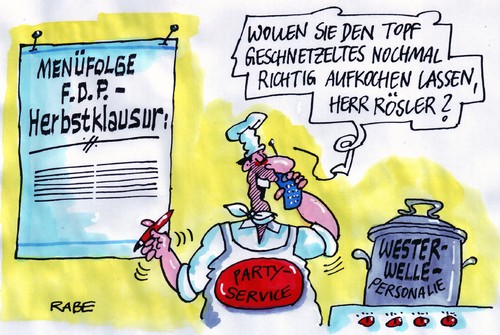 Cartoon: Geschnetzeltes (medium) by RABE tagged bundesregierung,fdp,liberale,herbstklausur,parteivorsitz,rösler,aussenmnister,westerwelle,brüderle,schwarzgelb,koalition,parteispitze,führungskrise,personaldebatte,personalien,partyservice,kochtopf,herd,krisenherd,koch,küchenchef,speisekarte,menü,menüfolge,geschnetzeltes,rücktritt,lindner,minister,bewährung,chefdiplomat,merkel,kanzlerin,cdu,bundesregierung,fdp,liberale,herbstklausur,parteivorsitz,rösler,aussenmnister,westerwelle