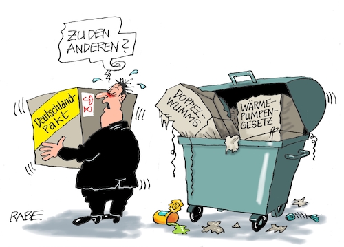 Cartoon: Gesetzesmüll (medium) by RABE tagged ampelregierung,scholz,spd,grüne,fdp,lindner,kinder,kindergrundsicherung,rabe,ralf,böhme,cartoon,karikatur,pressezeichnung,farbcartoon,tagescartoon,hausmeister,ohren,zähne,debatte,bundestag,haushaltsdebatte,deutschlandpaket,müll,mülltonne,müllcontainer,ampelregierung,scholz,spd,grüne,fdp,lindner,kinder,kindergrundsicherung,rabe,ralf,böhme,cartoon,karikatur,pressezeichnung,farbcartoon,tagescartoon,hausmeister,ohren,zähne,debatte,bundestag,haushaltsdebatte,deutschlandpaket,müll,mülltonne,müllcontainer