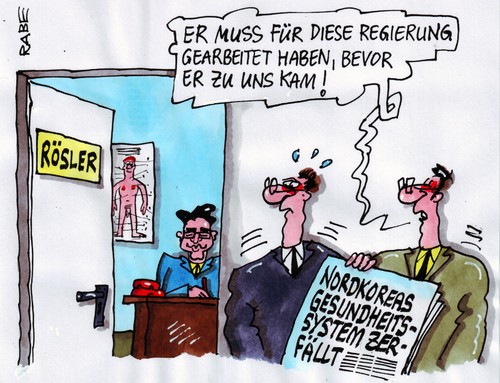 Cartoon: Gesundheitssystem (medium) by RABE tagged gesundheitsminister,gesundheitsreform,rössler,euro,patienten,gesundheitssystem,kosten,nordkorea,arzt,doktor,zuzahlungen,gesundheitsminister,gesundheitsreform,gesundheit,euro,patienten,gesundheitssystem,nordkorea,kosten,arzt,doktor,zuzahlungen