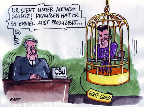 Cartoon: Goldkehlchen (medium) by RABE tagged guttenberg,csu,seehofer,bayern,verteidigungsminister,afghanistan,afghanistankrieg,bundeswehr,euro,krise,kanzlerin,merkel,cds,spd,linke,fdp,grüne,bundesregierung,koalition,opposition,schwarzgelb,doktor,doktortitel,plagiat,kopie,abschreiben,studenten,hochschule,doktorarbei,mentor,professor,papgei,vogel,käfig,vogelkäfig,papageienkäfig,gitter,gitterstangen,freßnapf,federn,gold,edelmetall,schreibtisch,männer,mann,schutz,draußen,mist,scheiß,abfall,produzieren,produktion,guttenberg,csu,horst seehofer,verteidigungsminister,afghanistan,afghanistankrieg,bundeswehr,horst,seehofer