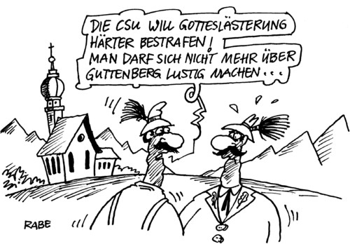 Cartoon: Gotteslästerung (medium) by RABE tagged gotteslästerung,guttenberglästerung,csu,guttenberg,seehofer,bayern,münchen,parteivorstand,doktorarbeit,plagiat,abschreiben,bestrafung,lästern,cdu,merkel,euro,krise,alpen,berge,kirche,gott,bibel,gamsbart,lederhose,janker,trachtenhut,männer,gotteslästerung,guttenberglästerung,csu,guttenberg,seehofer,bayern,münchen,parteivorstand,abschreiben,bestrafung,lästern