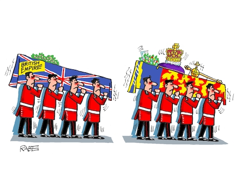 Cartoon: Grabgesang (medium) by RABE tagged queen,elisabeth,beisetzung,london,westminster,abbey,prinz,charles,trauerfeier,soldaten,fahne,krone,rabe,ralf,böhme,cartoon,karikatur,pressezeichnung,farbcartoon,tagescartoon,blumen,zepter,reichsapfel,sarg,sargträger,british,empire,grabgesang,queen,elisabeth,beisetzung,london,westminster,abbey,prinz,charles,trauerfeier,soldaten,fahne,krone,rabe,ralf,böhme,cartoon,karikatur,pressezeichnung,farbcartoon,tagescartoon,blumen,zepter,reichsapfel,sarg,sargträger,british,empire,grabgesang