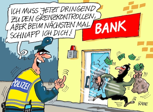 Cartoon: Grenzkontrolleur (medium) by RABE tagged ampel,ampelregierung,rot,grün,gelb,fdp,spd,grüne,rabe,ralf,böhme,cartoon,karikatur,pressezeichnung,farbcartoon,tagescartoon,pöbelei,pöbler,bestrafung,regelung,beschimpfung,bundestag,abgeordnete,grenze,außengrenze,grenzkontrolle,polizei,ban,sparkasse,banküberfall,räuber,bankräuber,migration,einreise,abschiebung,ampel,ampelregierung,rot,grün,gelb,fdp,spd,grüne,rabe,ralf,böhme,cartoon,karikatur,pressezeichnung,farbcartoon,tagescartoon,pöbelei,pöbler,bestrafung,regelung,beschimpfung,bundestag,abgeordnete,grenze,außengrenze,grenzkontrolle,polizei,ban,sparkasse,banküberfall,räuber,bankräuber,migration,einreise,abschiebung