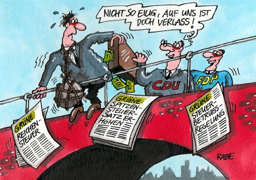 Cartoon: Grüner Parteitag (medium) by RABE tagged grüne,spd,bundesparteitag,reichensteuer,spitzensteuersatz,steuerbetrugsregelung,steuerbetrug,trittin,künast,machtwechsel,bundestagswahlen,rabe,ralf,böhme,cartoon,karikatur,gabriel,brücke,selbstmörder,suizit,cdu,fdp,koalition,schwarzgelb,merkel,steinbrück,berlin,rotgrün,wunschkoalition,roth,grüne,spd,bundesparteitag,reichensteuer,spitzensteuersatz,steuerbetrugsregelung,steuerbetrug,trittin,künast,machtwechsel,bundestagswahlen,rabe,ralf,böhme,cartoon,karikatur,gabriel,brücke,selbstmörder,suizit,cdu,fdp,koalition,schwarzgelb,merkel,steinbrück,berlin,rotgrün,wunschkoalition,roth