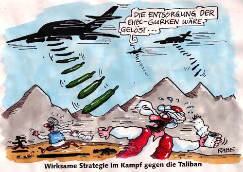 Cartoon: Gurkenbomber (medium) by RABE tagged taliban,terror,terroisten,afghanistan,afghanistankrieg,afghanistaneinsatz,bundeswehr,bundeswehrstandort,verteidigungsminister,cdu,kanzlerin,merkel,bundesregierung,anschläge,sprengstoffanschlag,bomber,jagdflugzeug,düsenjet,raketen,granaten,marschflugkörper,islam,islamisten,schläfer,turban,toilettenpapier,durchfall,darmkeime,bakterien,viren,erreger,gurken,salatgurken,spanien,gemüse,quarantäne,patient,krankenhaus,intensivstation,bergvolk,wüste,versteck,sprengstoffgürtel,bekämpfung,gurkensalat,reinlichkeit,hygiene,taliban,terror,terroisten,afghanistan,afghanistankrieg,bundeswehr,verteidigungsminister,cdu,kanzlerin,merkel,bundesregierung