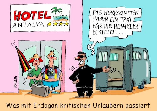 Cartoon: Gute Heimreise (medium) by RABE tagged erdogan,sultan,präsident,wahl,wähler,wahlurne,rabe,ralf,böhme,cartoon,karikatur,pressezeichnung,farbcartoon,tagescartoon,flagge,rot,mondsichel,wahlbetrug,opposition,kritiker,erdogankritiker,urlauber,shuttle,taxi,bodyguard,stimmen,regimekritiker,sonnenschirm,hotel,antalya,erdogan,sultan,präsident,wahl,wähler,wahlurne,rabe,ralf,böhme,cartoon,karikatur,pressezeichnung,farbcartoon,tagescartoon,flagge,rot,mondsichel,wahlbetrug,opposition,kritiker,erdogankritiker,urlauber,shuttle,taxi,bodyguard,stimmen,regimekritiker,sonnenschirm,hotel,antalya